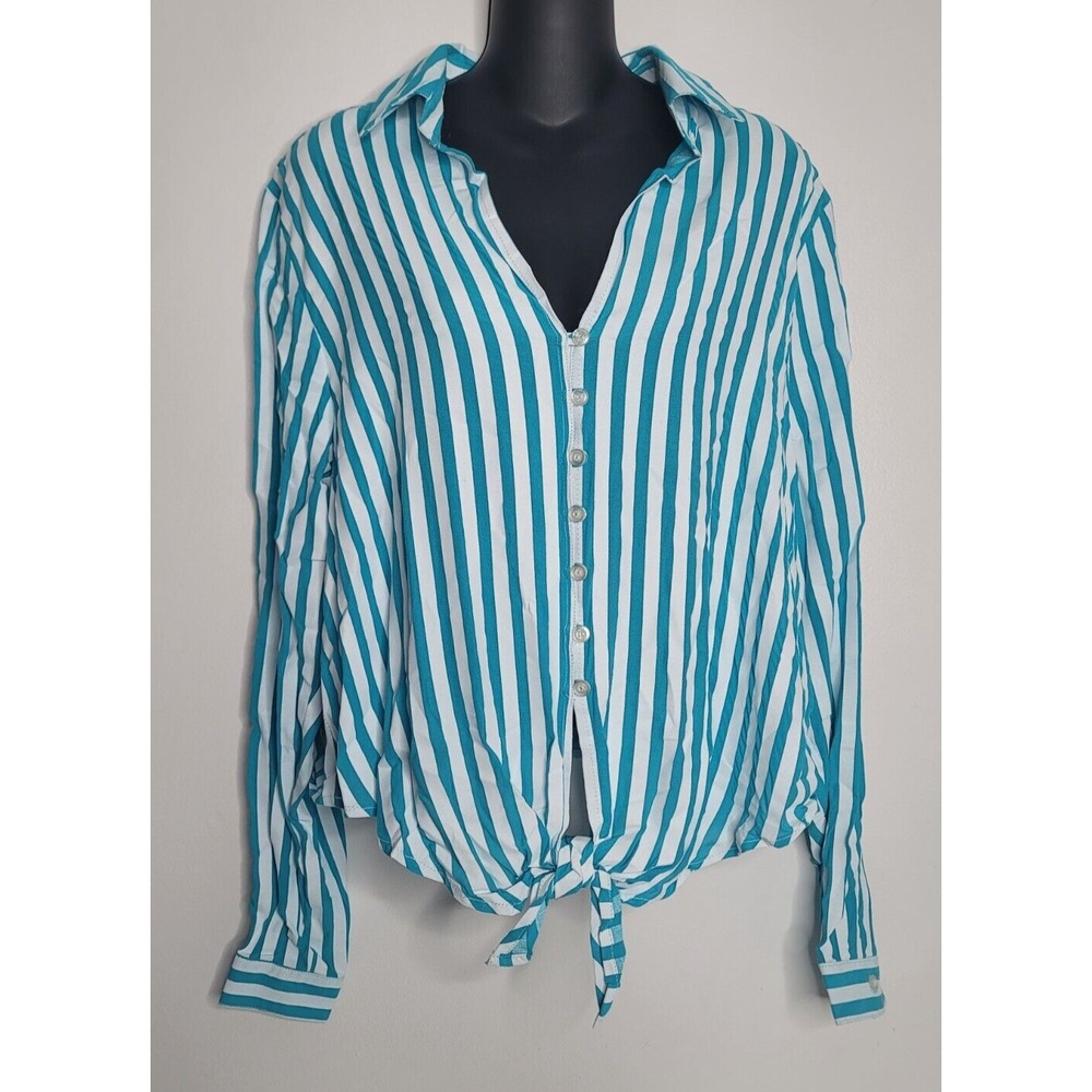 Womens Top Shirt Blouse 1X Alpha Amour Rayon Button Blue White Striped Beach Tie